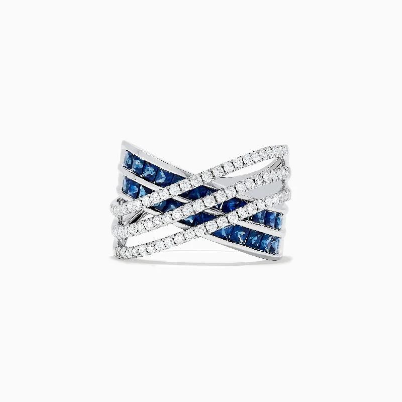 ladies rings proposal-14K White Gold Blue Sapphire and Diamond Crossover Ring