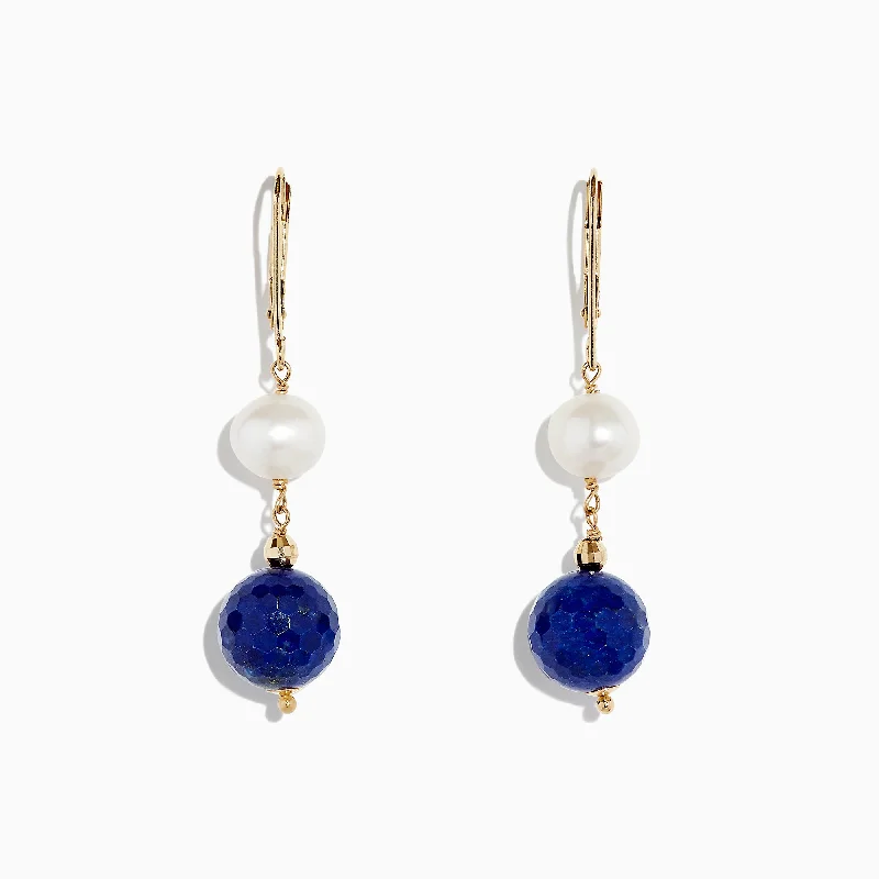 ladies earrings topaz-14K Yellow Gold Lapis Lazuli & Cultured Fresh Water Pearl Drop Earrings, 1.50 TCW