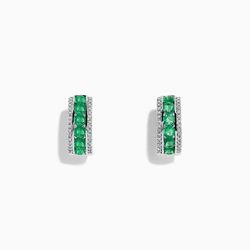 ladies earrings red-14k White Gold Emerald and Diamond Huggie Hoop Earrings, 1.51 TCW