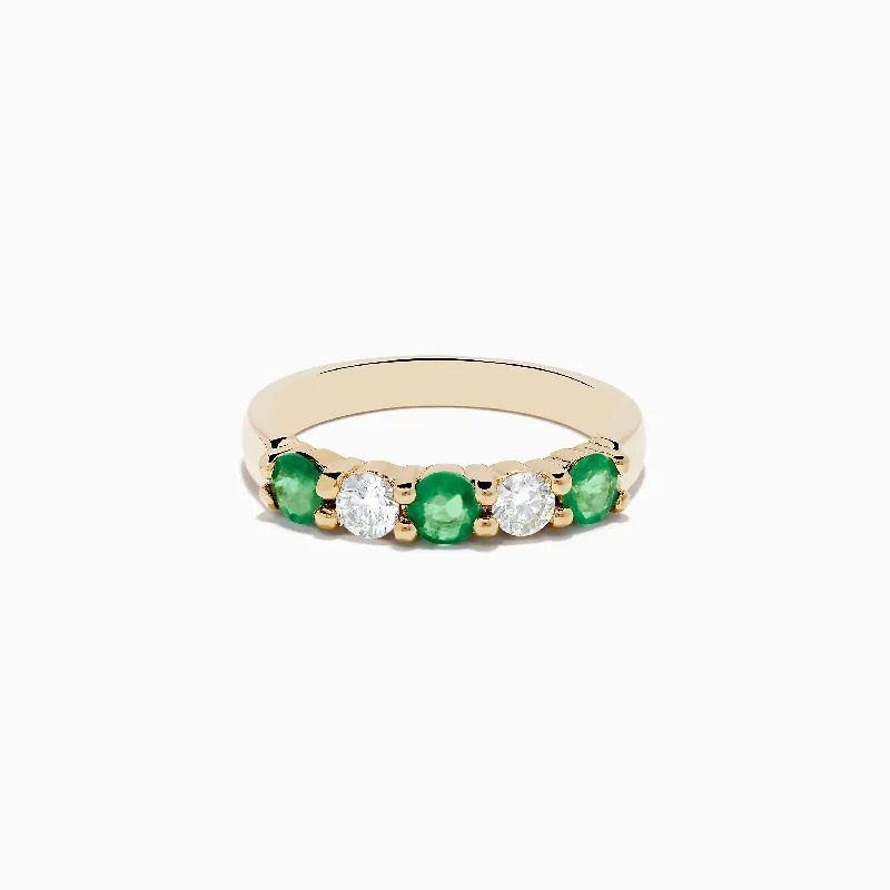 ladies rings second hand-Brasilica 14K Yellow Gold Emerald and Diamond Band Ring