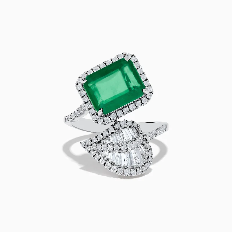 ladies rings offers-Brasilica 14K White Gold Emerald and Diamond Leaf Ring