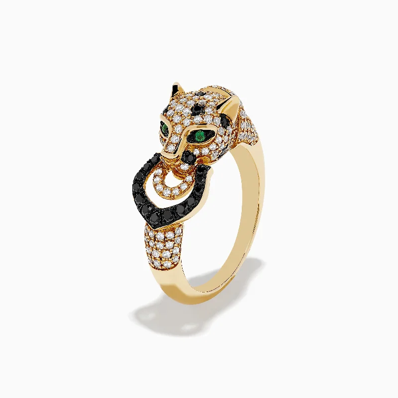 ladies rings nickel free-Signature 14K Yellow Black and White Diamond and Emerald Panther Ring