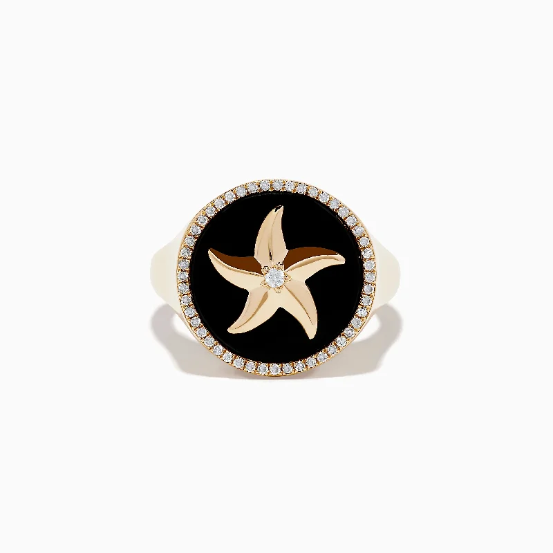 ladies rings pandora-Seaside 14K Yellow Gold Black Agate and Diamond Starfish Ring