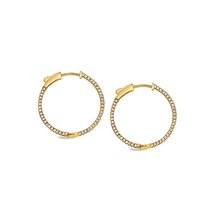 ladies earrings travel-Gold Finish Sterling Silver Micropave Side Stones Medium Hoop Earrings with Simulated Diamonds