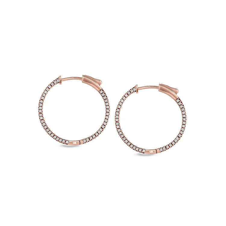 ladies earrings bohemian-Rose Gold Finish Sterling Silver Micropave Side Stones Medium Hoop Earrings with Simulated Diamonds