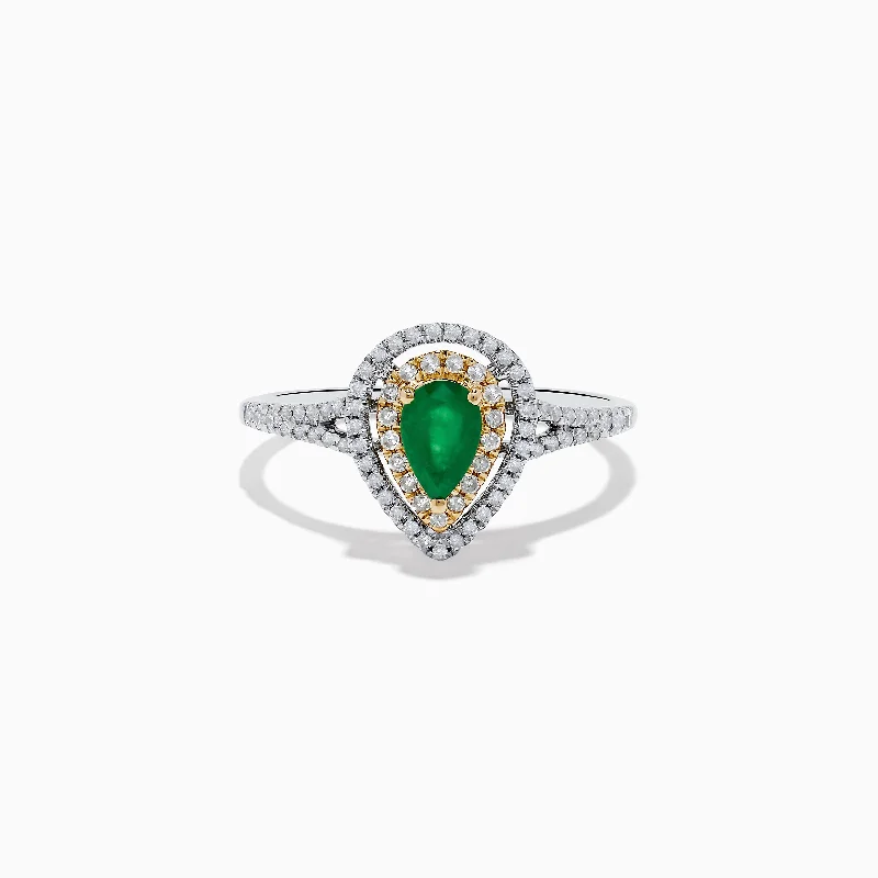 ladies rings timeless-14K White and Yellow Gold Pear Shaped Double Diamond Halo Emerald Ring