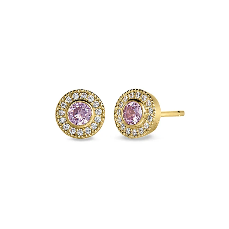 ladies earrings work-Gold Finish Sterling Silver Micropave Round Simulated Pink Sapphire Earrings with Simulated Diamonds