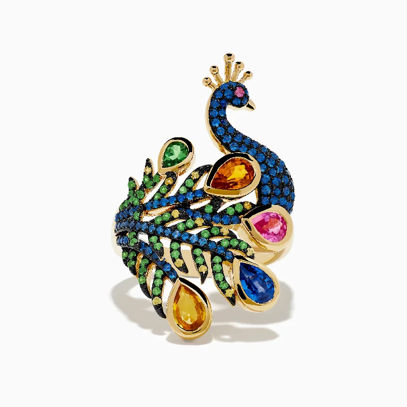 ladies rings art deco-Safari 14K Yellow Gold Multi Sapphire Peacock Ring