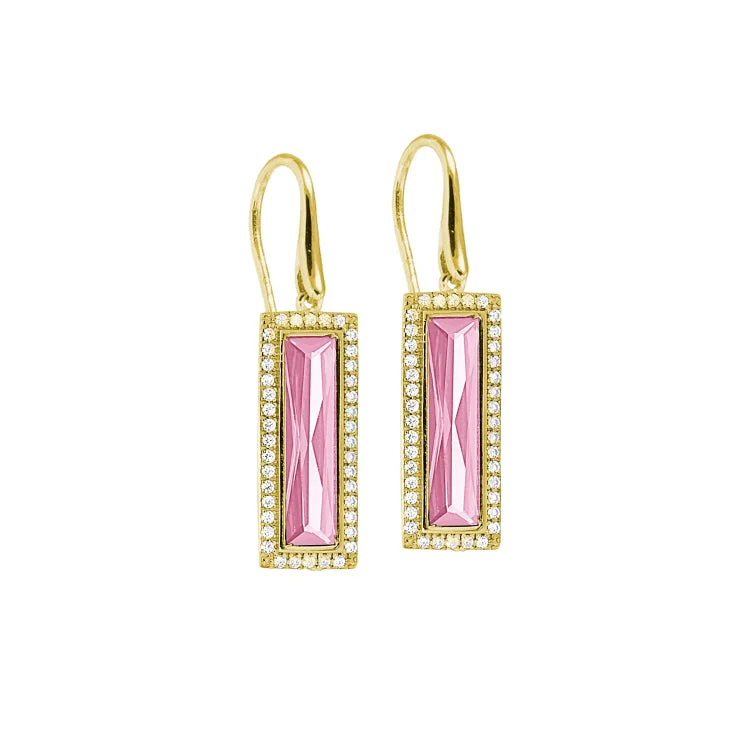 ladies earrings deals-Gold Finish Sterling Silver Earrings with Rectangular Simulated Pink Sapphire Stones and Simulated Diamonds