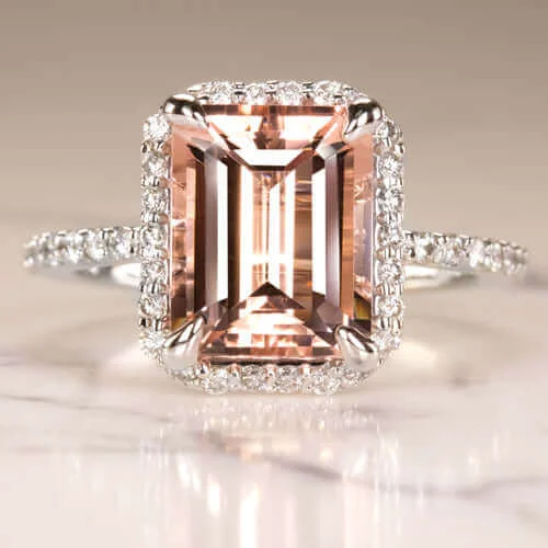 timeless engagement rings -2.7 EMERALD CUT PEACH PINK MORGANITE 0.6 DIAMOND ENGAGEMENT RING HALO WHITE GOLD