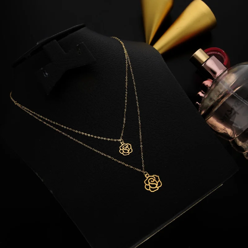 Ladies necklaces pre wed glow -Gold Layered Necklace (Chain With Hollow Rose Shaped Pendant) 21KT - FKJNKL21KM9778