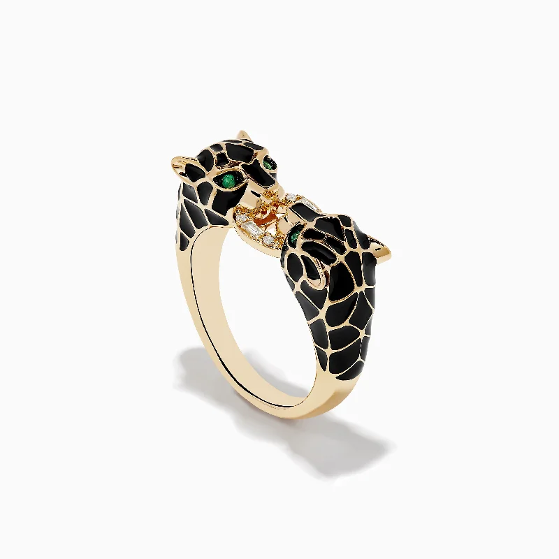 ladies rings eternity-Signature 14K Yellow Gold Emerald and Diamond Black Enamel Panther Ring