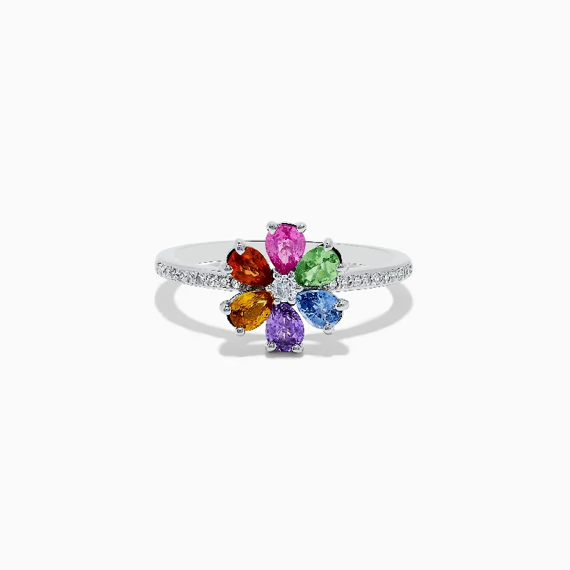 ladies rings opal-Watercolors 14K White Gold Diamond and Multi Sapphire Flower Ring