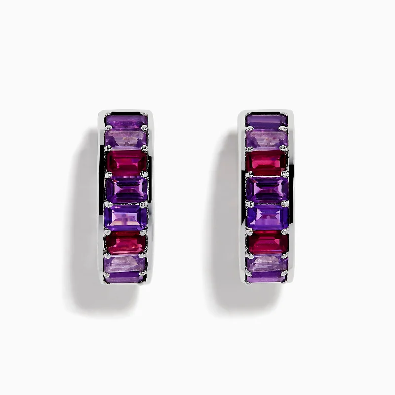 ladies earrings love-925 Sterling Silver Amethyst and Rhodolite Huggie Hoop Earrings