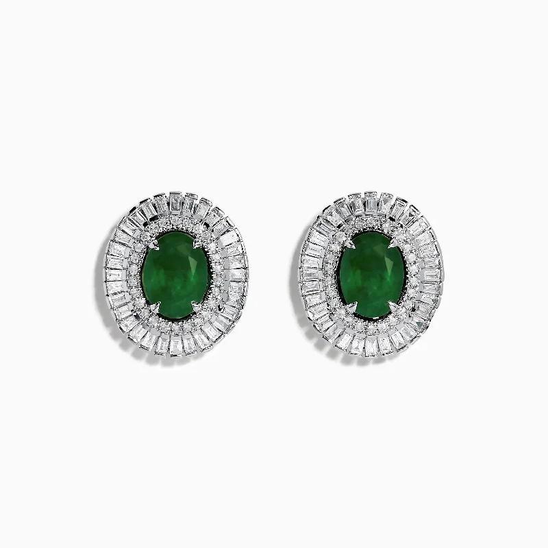 ladies earrings yellow-14K White Gold Emerald and Diamond Stud Earrings