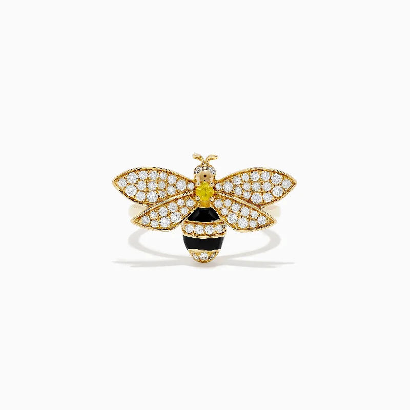 ladies rings brands-Nature 14K Yellow Gold Diamond and Yellow Sapphire Bee Ring