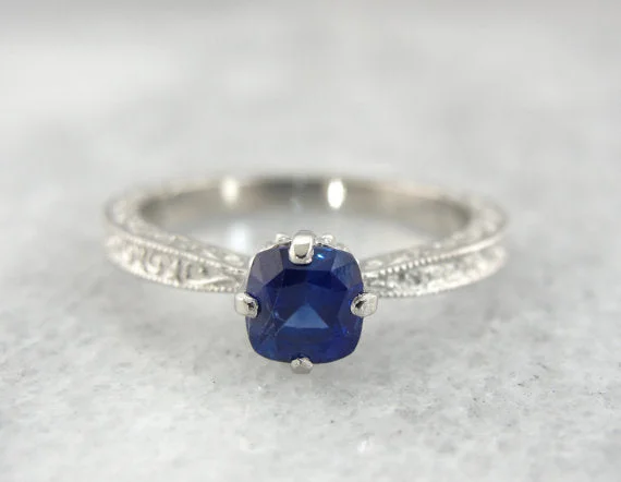 cushion cut engagement rings -Vintage Palladium Engagement Ring with Cushion Cut Blue Sapphire