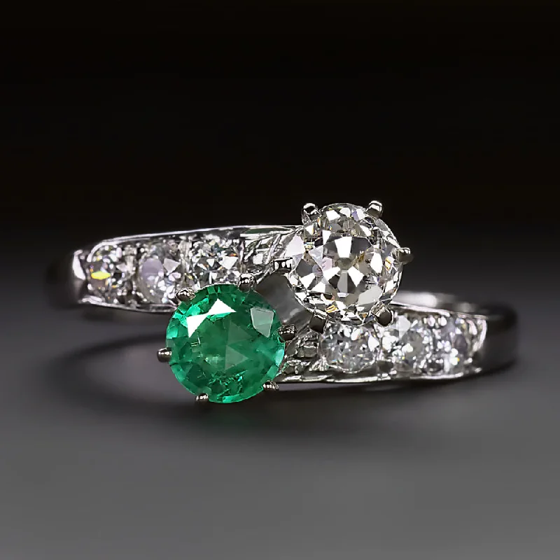 baguette engagement rings -VINTAGE DIAMOND EMERALD TOI ET MOI RING OLD MINE CUT PLATINUM ENGAGEMENT 1.5ct