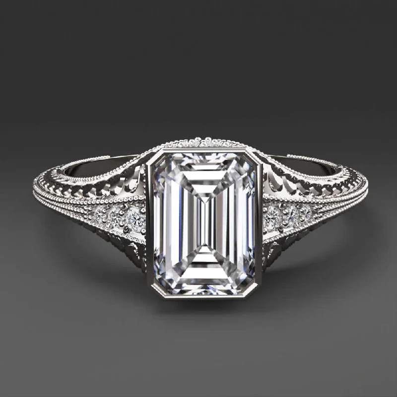 white gold engagement rings -1.5ct LAB CREATED DIAMOND ENGAGEMENT RING CERTIFIED E VS1 VINTAGE EMERALD CUT