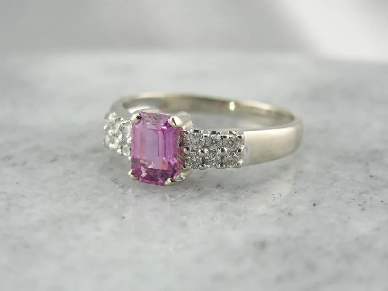 emerald cut engagement rings -Emerald Cut Pink Sapphire and 12 Diamond Engagement Ring