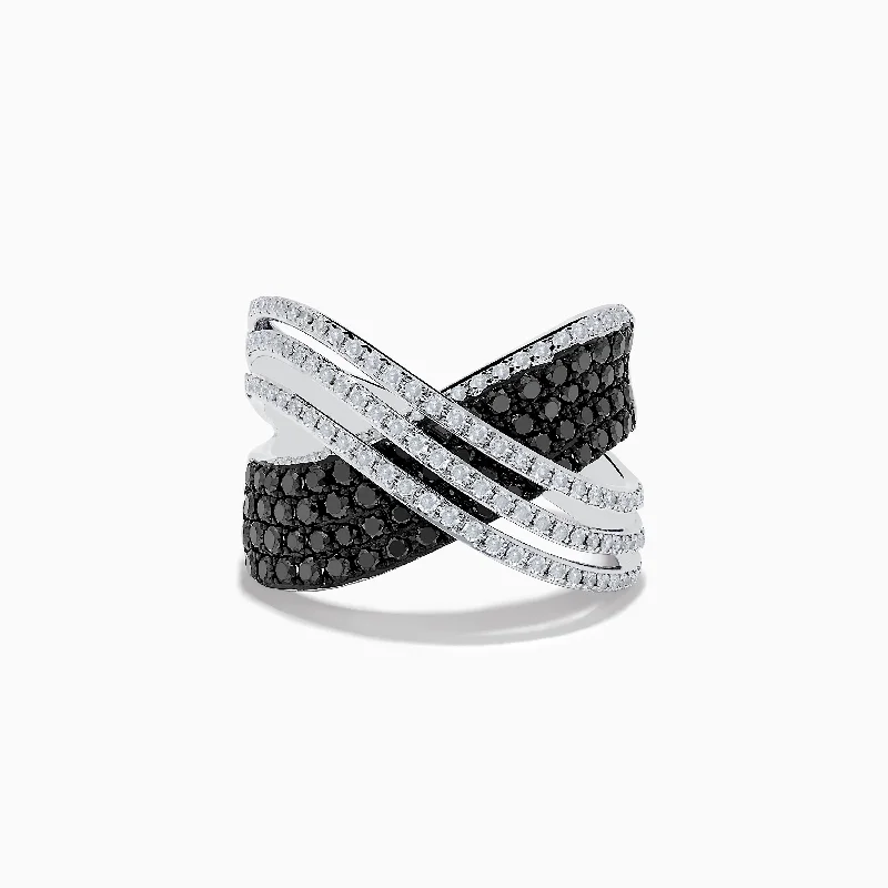 ladies rings emerald cut-14K White Gold White and Black Diamond Criss Cross Ring