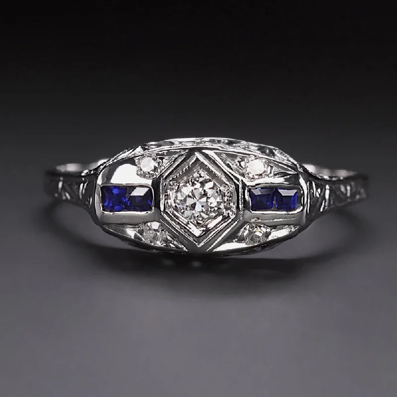 celestial engagement rings -ART DECO DIAMOND SAPPHIRE ENGAGEMENT RING VINTAGE 18K WHITE GOLD FILIGREE 1920s