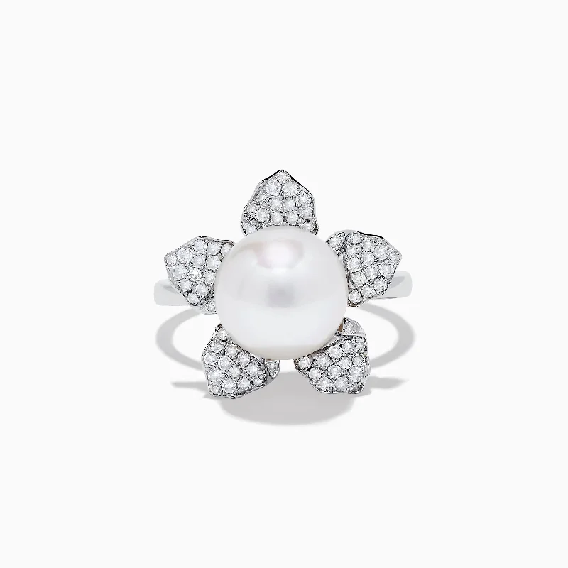 ladies rings top-14K White Gold Fresh Water Pearl and Diamond Flower Ring