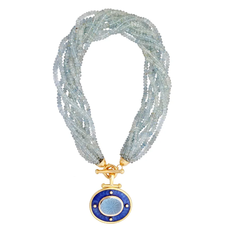 Ladies necklaces epic radiance -Toggle Necklace - Aquamarine Beads with Chalcedony and Diamond (Enamel) in Silver / Gold