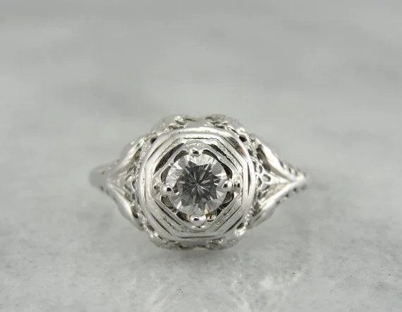 round cut engagement rings -Filigree Art Deco Fine Diamond Engagement Ring