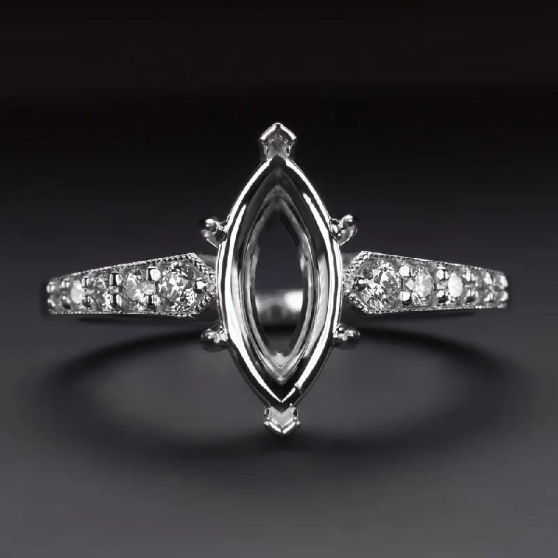 round cut engagement rings -MARQUISE SHAPE DIAMOND RING SETTING VINTAGE STYLE WHITE GOLD ENGAGEMENT MOUNT