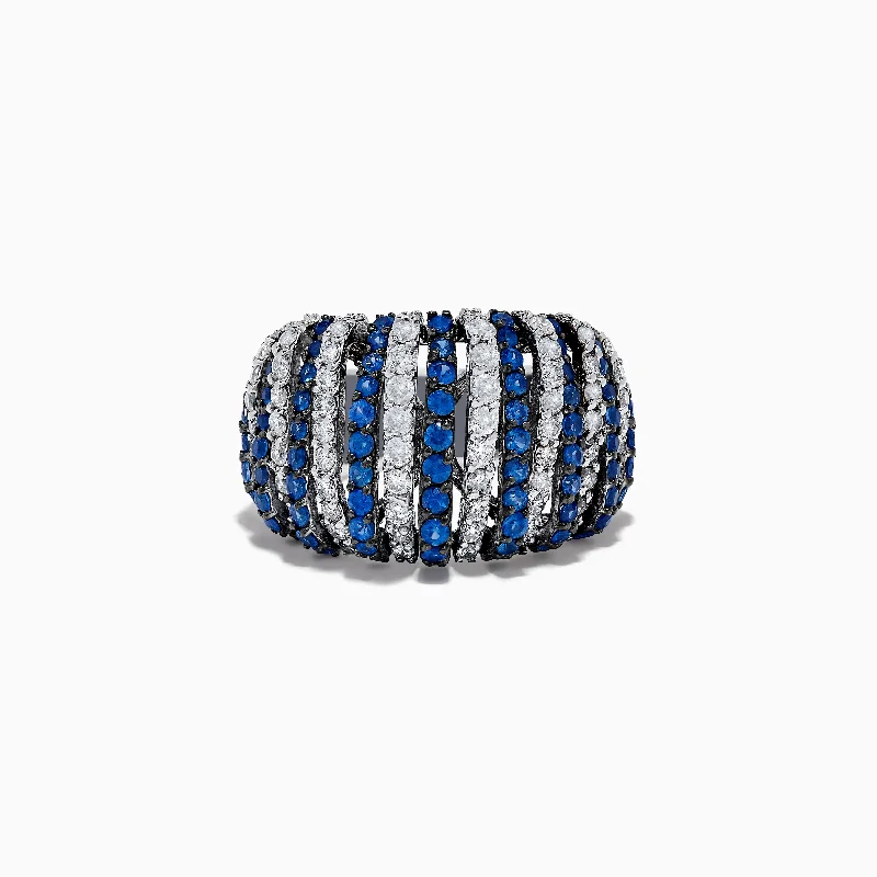 ladies rings invisible-14K White Gold Blue Sapphire and Diamond Striped Ring