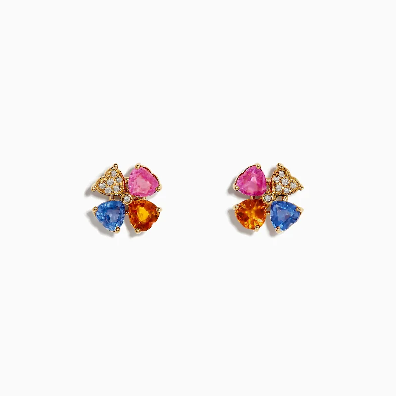 ladies earrings delicate-14K Yellow Gold Multi Sapphire and Diamond Flower Earrings