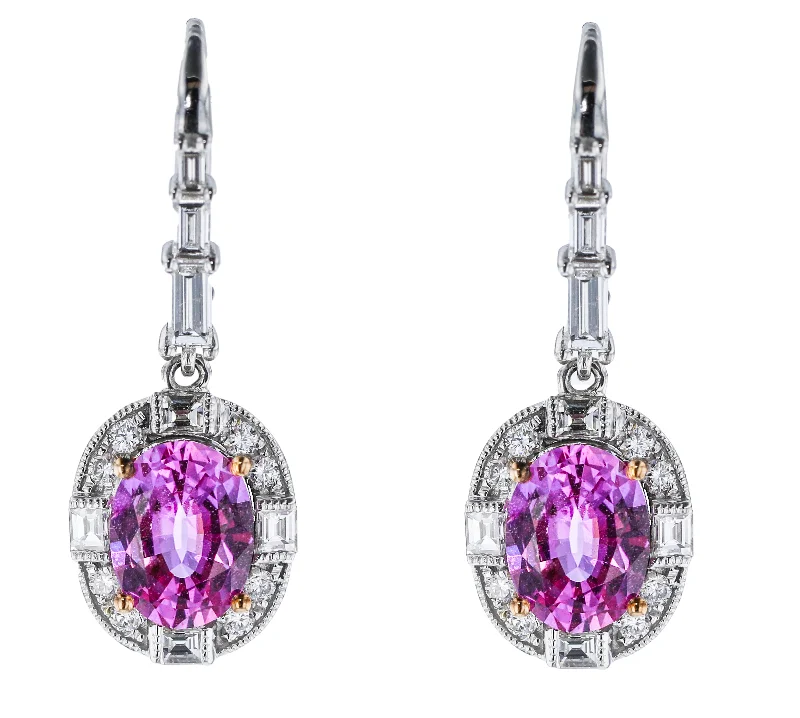 ladies earrings fall-JULEVE 18KT WHITE GOLD 3.74CT PINK SAPPHIRE & 1.10CTW DIAMOND HALO EARRINGS