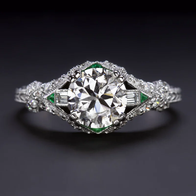 moissanite engagement rings -1.21ct ROUND BRILLIANT CUT DIAMOND ENGAGEMENT RING VINTAGE STYLE EMERALD ONYX