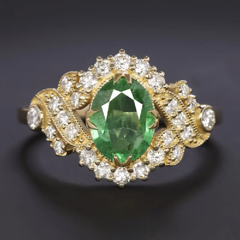 fairytale engagement rings -1.47ctw EMERALD DIAMOND VINTAGE STYLE COCKTAIL RING OVAL CUT ENGAGEMENT NATURAL