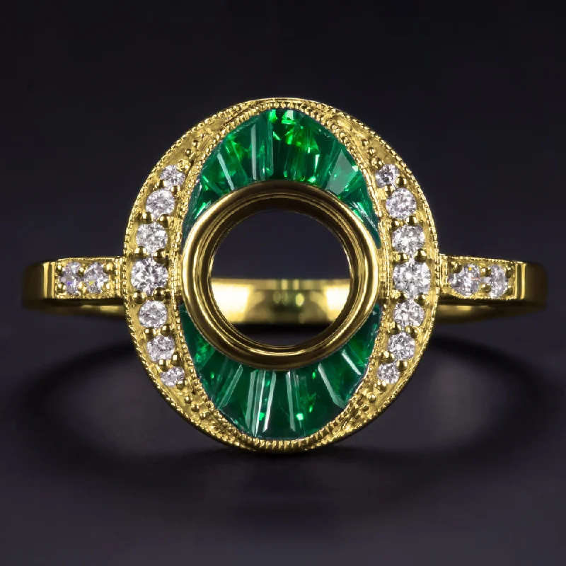 trillion cut engagement rings -EMERALD DIAMOND RING SETTING 1CT ROUND VINTAGE ENGAGEMENT ART DECO YELLOW GOLD