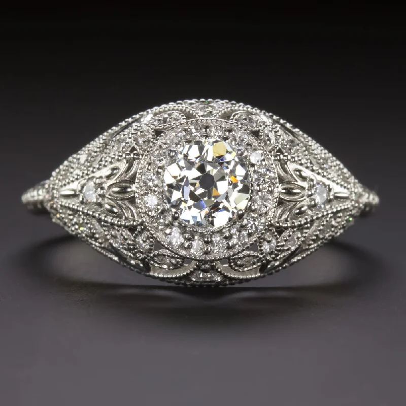 unique engagement rings -1/2c OLD EUROPEAN CUT DIAMOND VINTAGE STYLE ENGAGEMENT RING HALO FLORAL FILIGREE