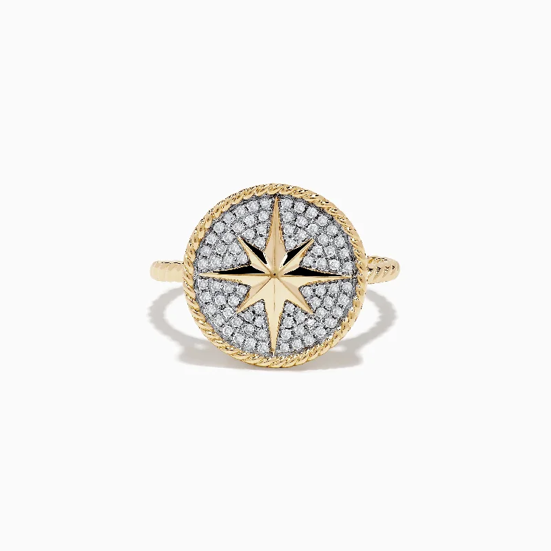 ladies rings modern classic-Novelty 14 Karat Yellow Gold Diamond Compass Ring