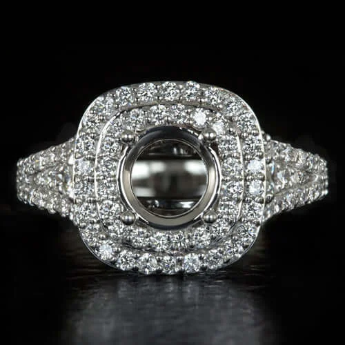 art nouveau engagement rings -1.25ct DIAMONDS ROUND CUSHION CUT SEMI-MOUNT SETTING ENGAGEMENT RING 2 ROW HALO