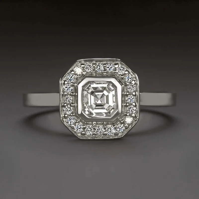 channel set engagement rings -1 CARAT E-F VS1 EMERALD CUT DIAMOND ENGAGEMENT RING 18k WHITE GOLD HALO NATURAL