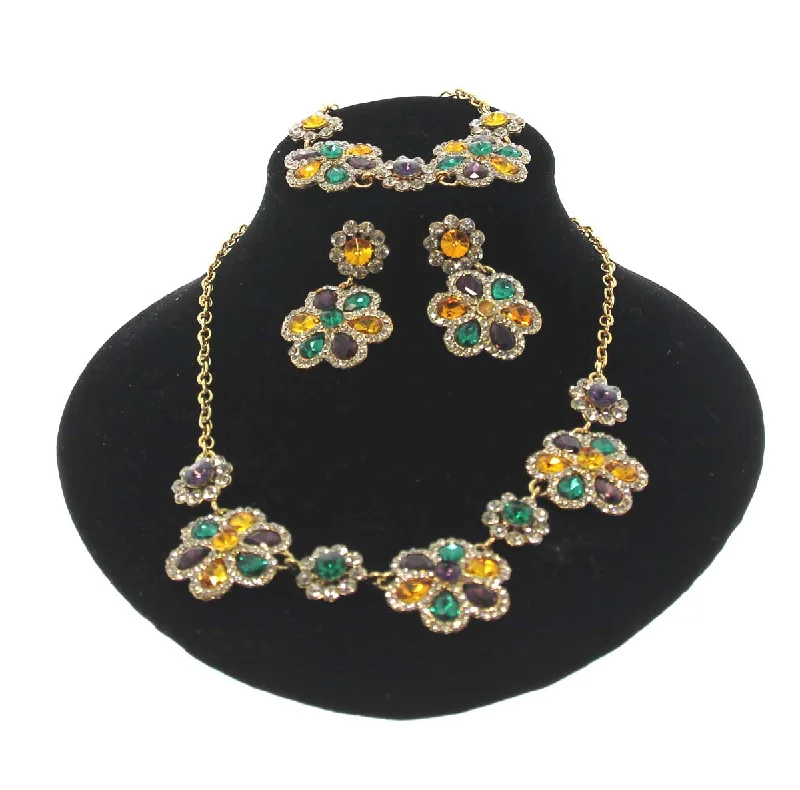 Ladies bracelets flash radiance -Mardi Gras Floral Gem Necklace, Earring, and Bracelet set