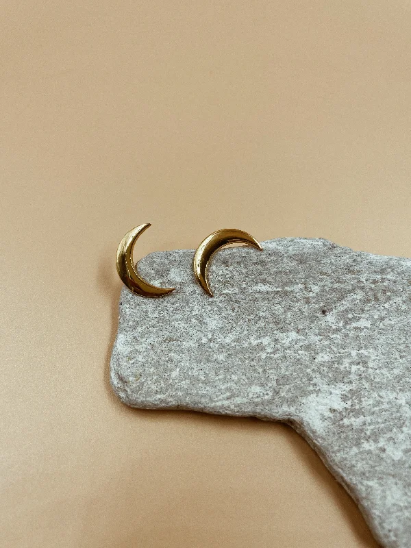 ladies earrings modern twist-Mama Crescent Moon Stud Earrings