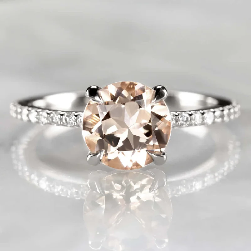 criss-cross engagement rings -ROUND 1.7ct PEACH MORGANITE 8MM NATURAL DIAMOND ENGAGEMENT RING WHITE GOLD PAVE