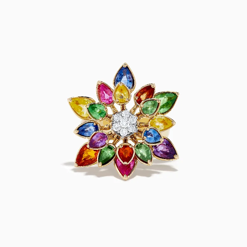 ladies rings polished-Watercolors 14K Two-Tone Multi Sapphire Moving Petals Flower Ring