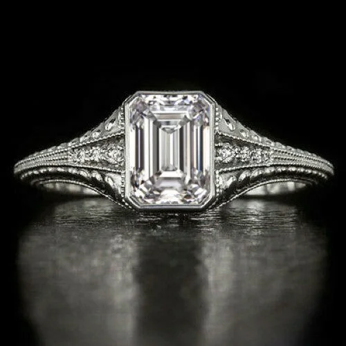 sustainable engagement rings -1.5 CARAT GIA CERTIFIED I VS1 DIAMOND ENGAGEMENT RING EMERALD CUT VINTAGE STYLE