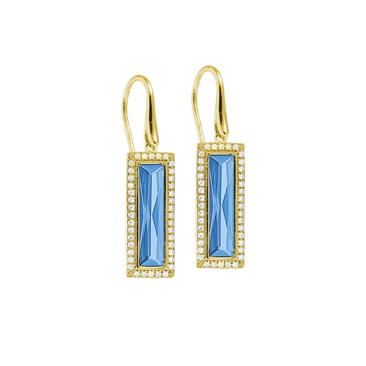 ladies earrings metallic-Gold Finish Sterling Silver Earrings with Rectangular Simulated Blue Topaz Stones and Simulated Diamonds