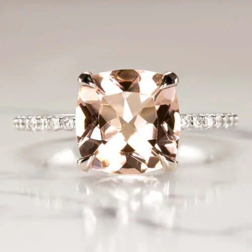 infinity engagement rings -9MM CUSHION PEACH PINK MORGANITE DIAMOND ENGAGEMENT RING PAVE BAND 14 WHITE GOLD