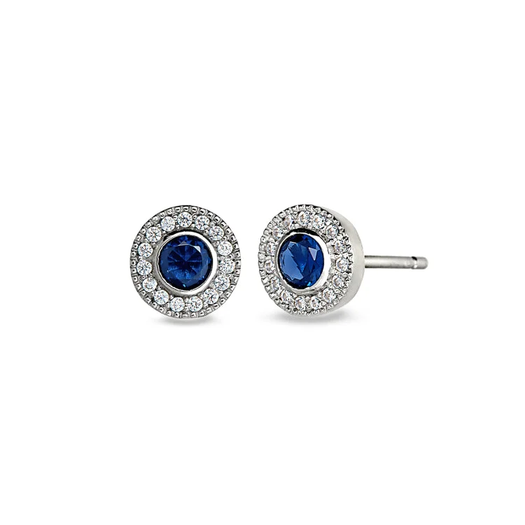 ladies earrings kay-Platinum Finish Sterling Silver Micropave Round Simulated Sapphire Earrings with Simulated Diamonds