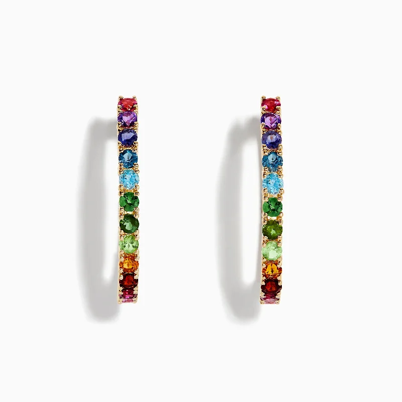 ladies earrings halo-Mosaic 14K Yellow Gold Multi Stone Hoop Earrings