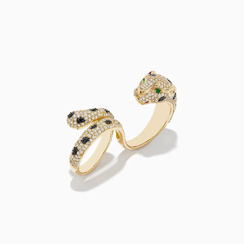 ladies rings halo-Signature 14K Gold Emerald, Black and White Double Finger Ring